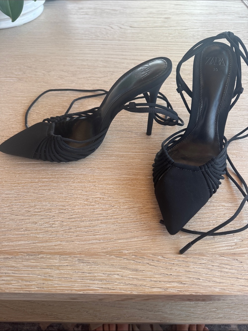 Zara Black Lace-Up Pointed Toe Heels with Braided Straps